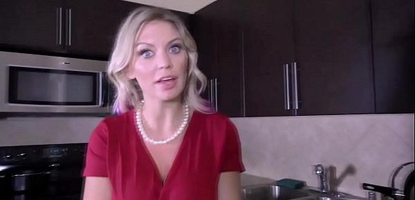  Blonde shoplifter MILF Kenzie Taylor got caught and blackmailed by stepson and performs a handsfree blowjob while wearing handcuffs.